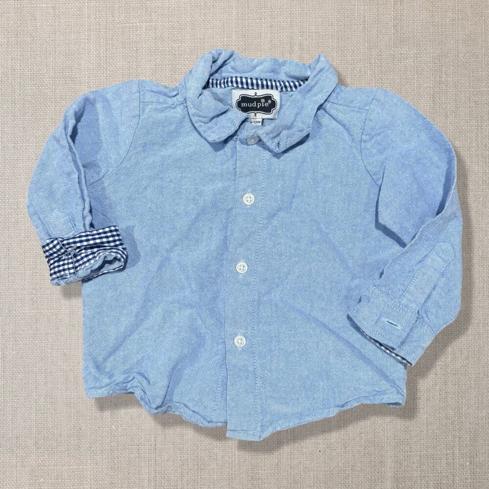 Mud Pie Baby Boy 9-12M Blue Oxford Button Down Shirt Gingham Cuffs Preppy